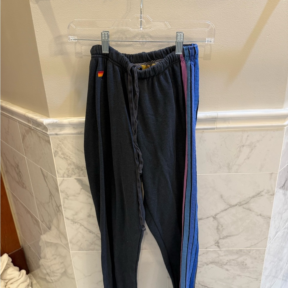 Aviator Nation Dark Grey Joggers with Blue and Purple Stripes